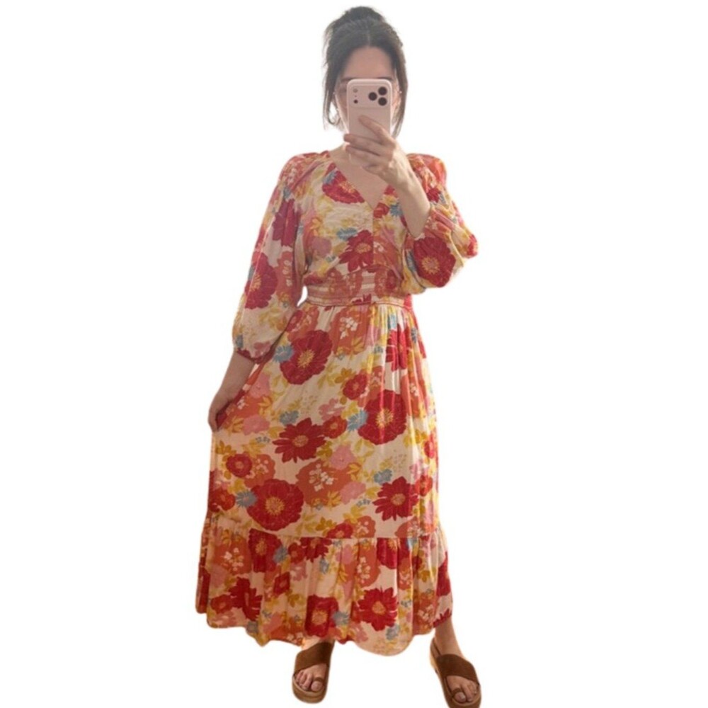 böhme | Multicolor Retro Floral Ruched Smocked Bodice Maxi Dress Size Medium